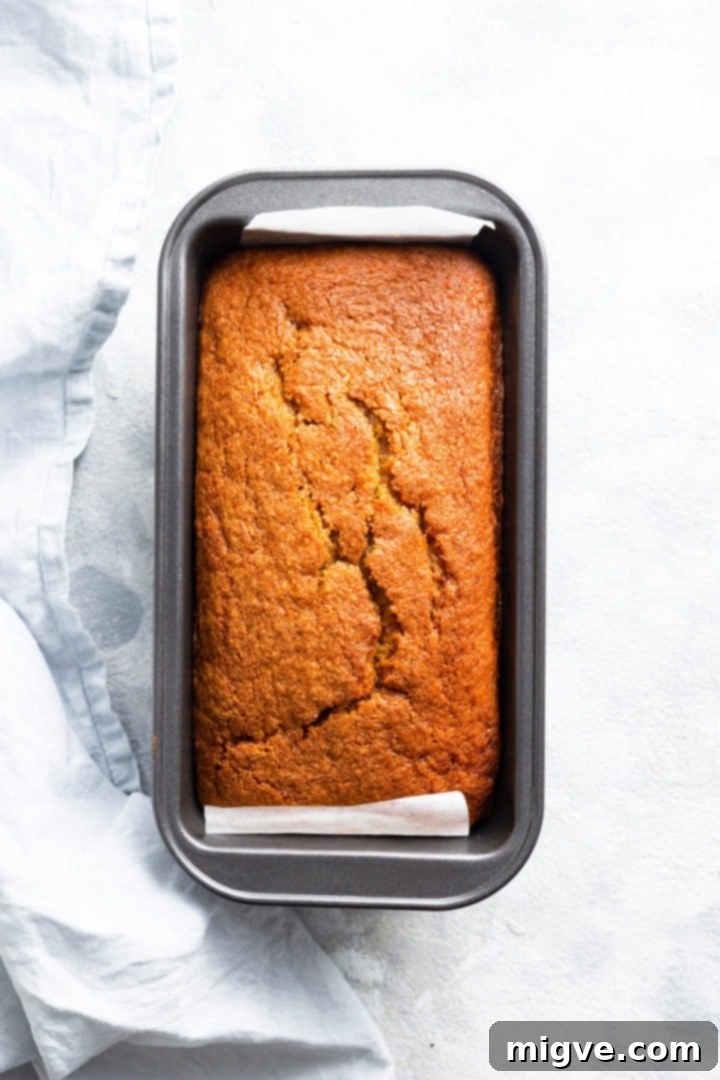 Overhead view of a beautifully baked pumpkin loaf cake in its baking tin, fresh from the oven.