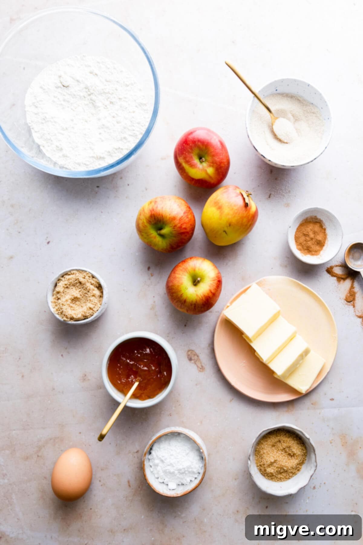 No-Fuss Apple Cake 3 overhead view of the ingredients for an easy apple cake spread on a wooden table