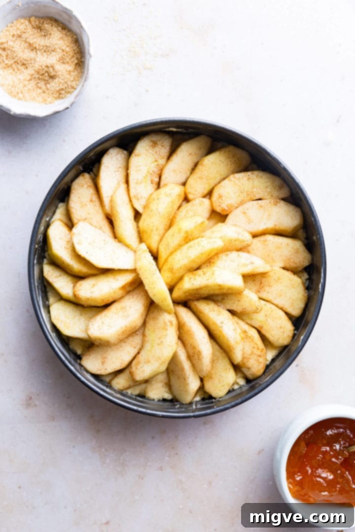 No-Fuss Apple Cake 7 top view of baking tin with cake batter and topped with sliced apples, arranged neatly