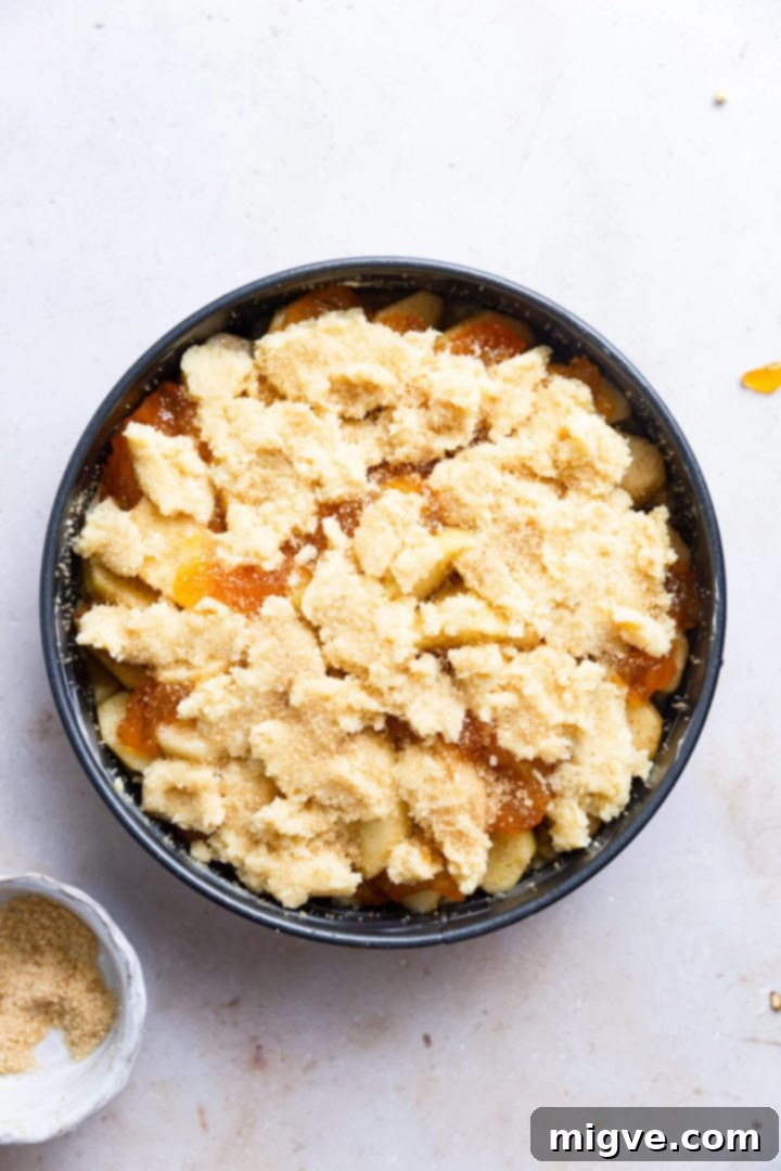 No-Fuss Apple Cake 9 overhead shot of easy apple cake in a round tin ready to be baked, with demerara sugar sprinkled on top