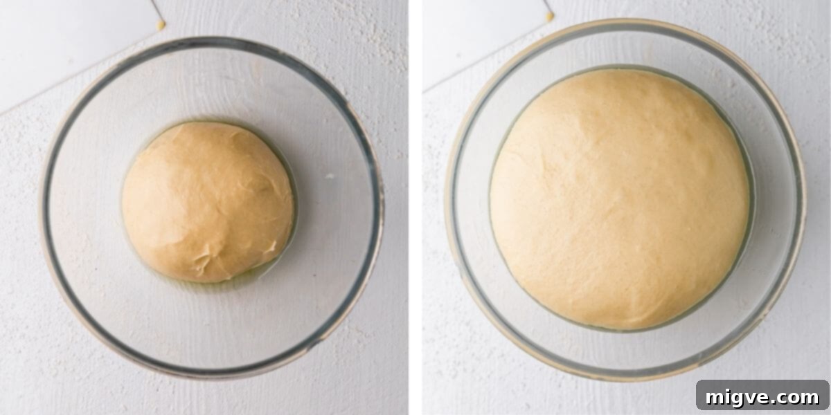 Spiced Pumpkin Doughnut Delights 5 overhead photos showing a bowl with dough before and after proving