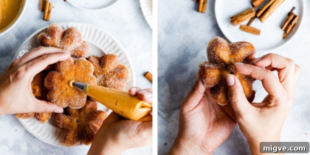 Spiced Pumpkin Doughnut Delights 8 overhead shots of a person filling the doughnuts and placing cinnamon stick into the doughnut