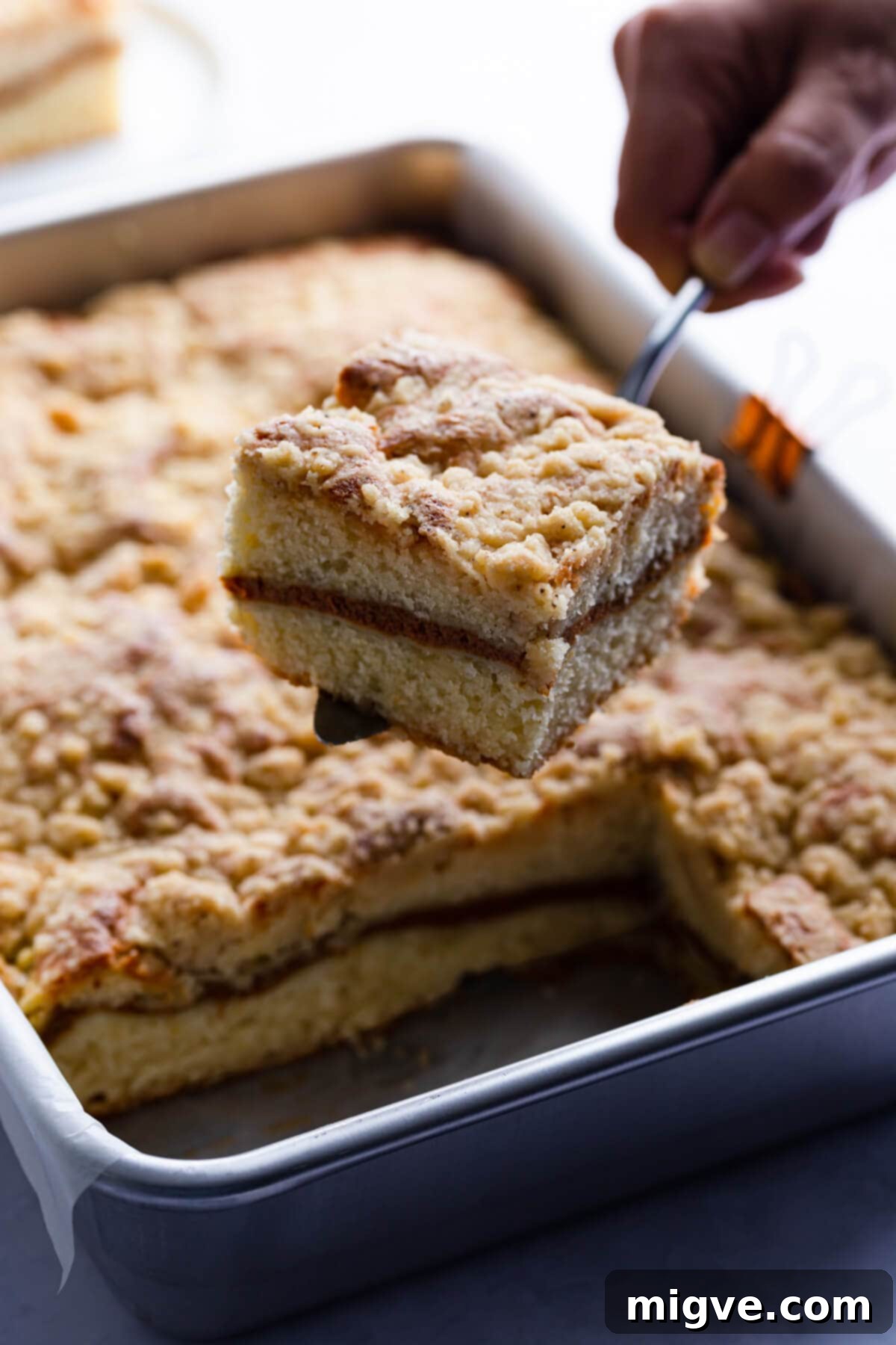 45 degree angle view of a slice of pumpkin cake on a cake lifter