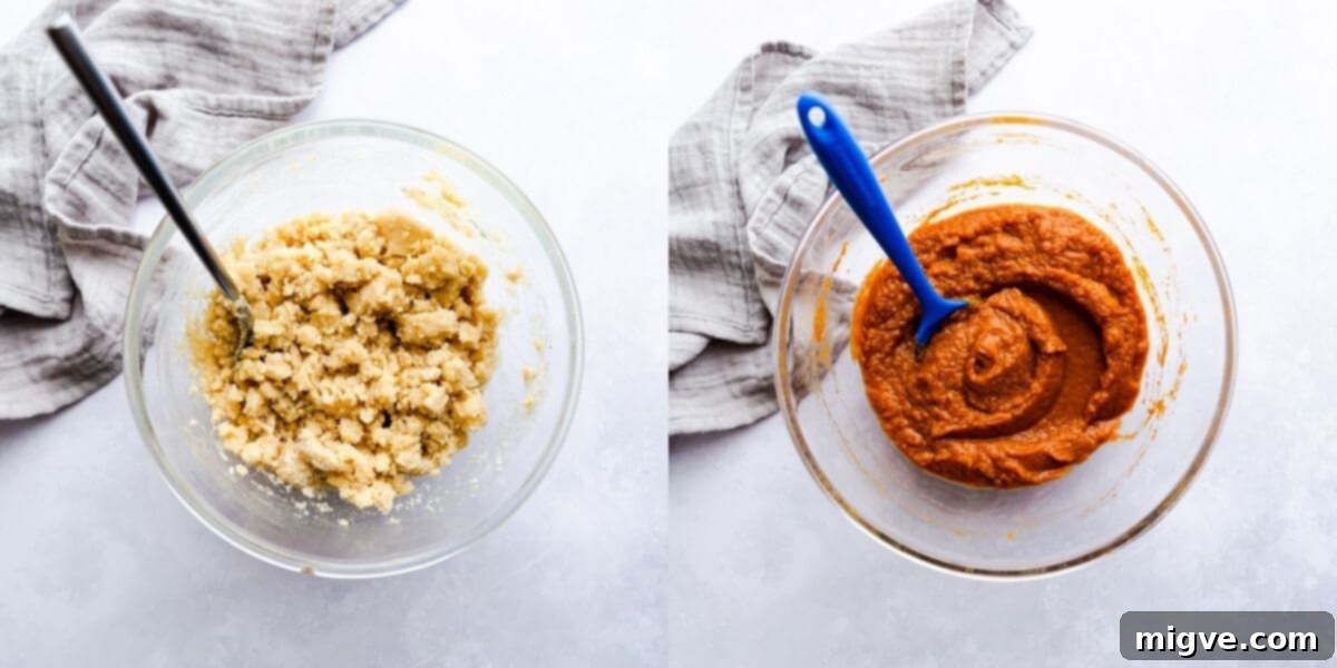 side by side images of mixing bowl with streusel topping and with pumpkin puree