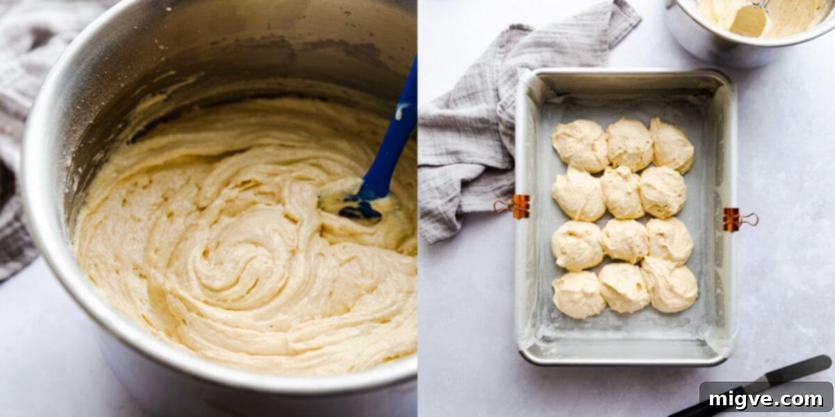 images of cake batter in a bowl and inside of the baking tin