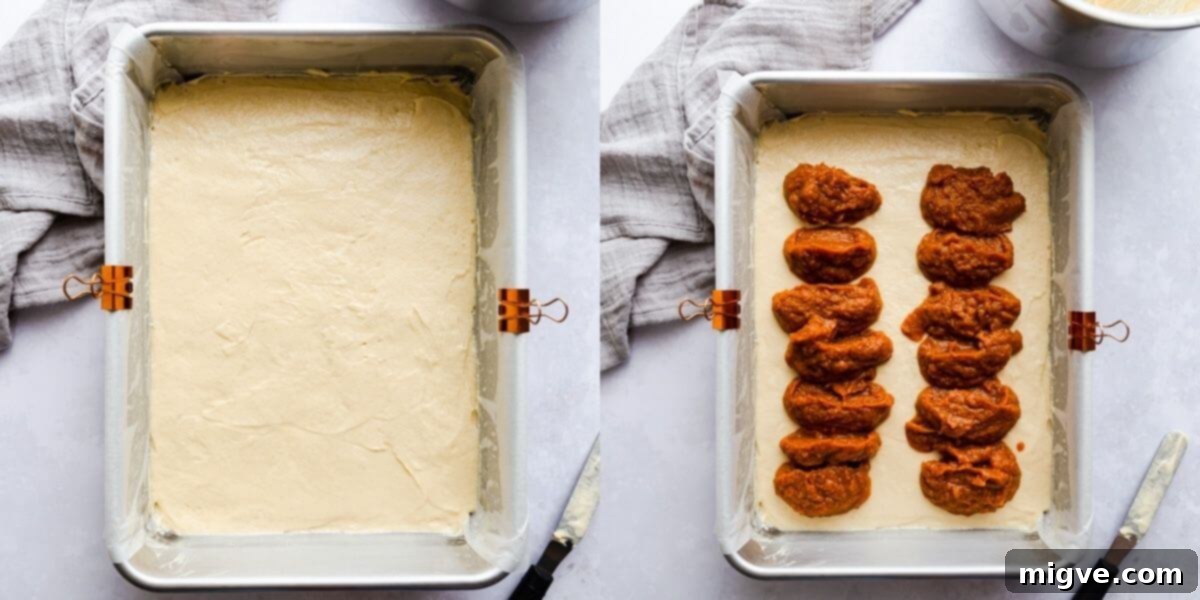 overhead images showing baking tin with cake batter and topped with pumpkin puree