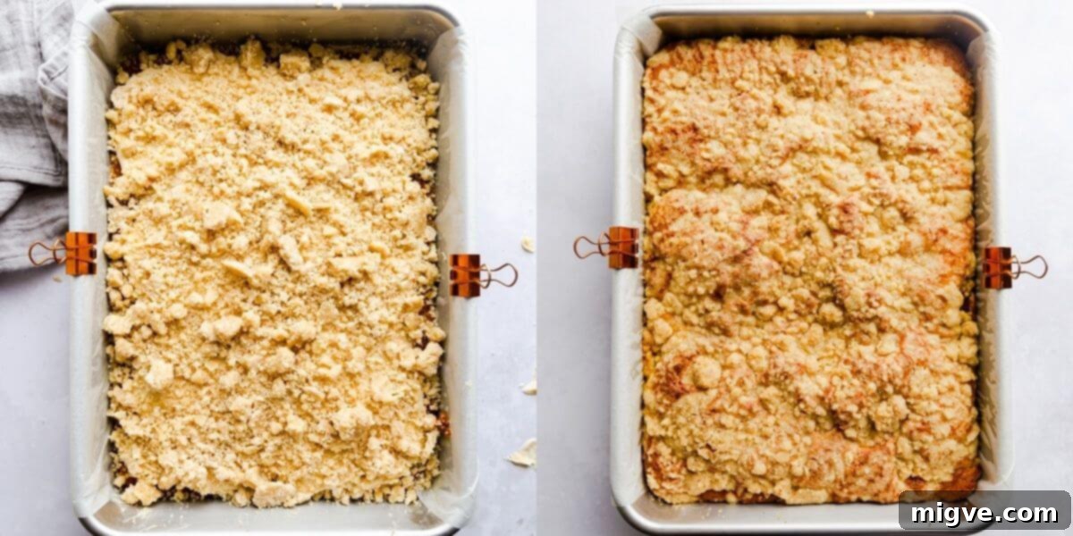 side by side images of pumpkin coffee cake topped with streusel before and after baking