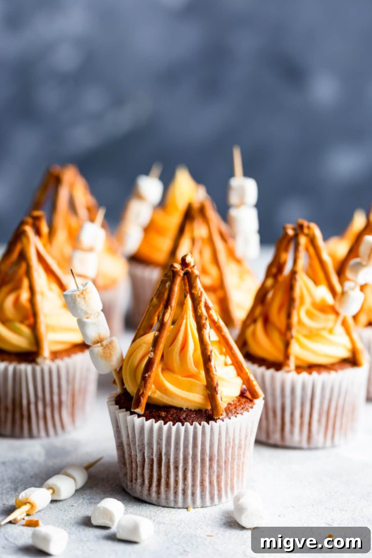 Flame-Kissed Cupcakes 2 side close up at bonfire cupcake with pretzel sticks and mini marshmallows