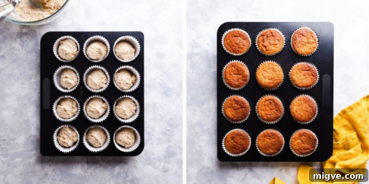 Flame-Kissed Cupcakes 5 overhead shots of unbaked and baked cupcakes in baking tray