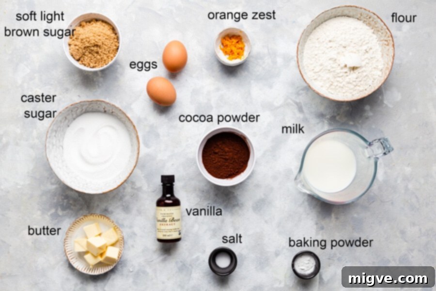 overhead view of the ingredients for chocolate orange cupcakes with labels