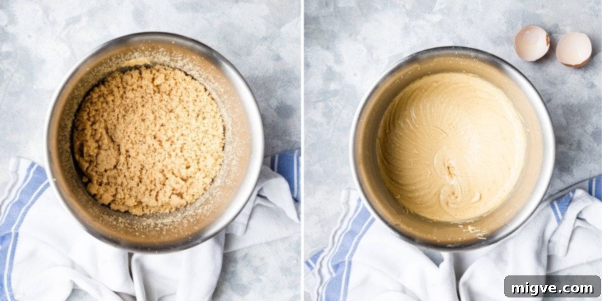 top view of the bowl with stages of wet ingredients being mixed
