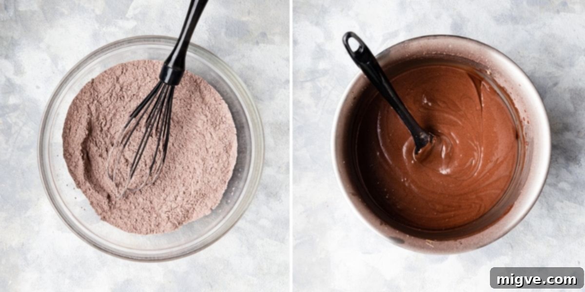 side by side top view of mixing bowls with ingredients for cake batter