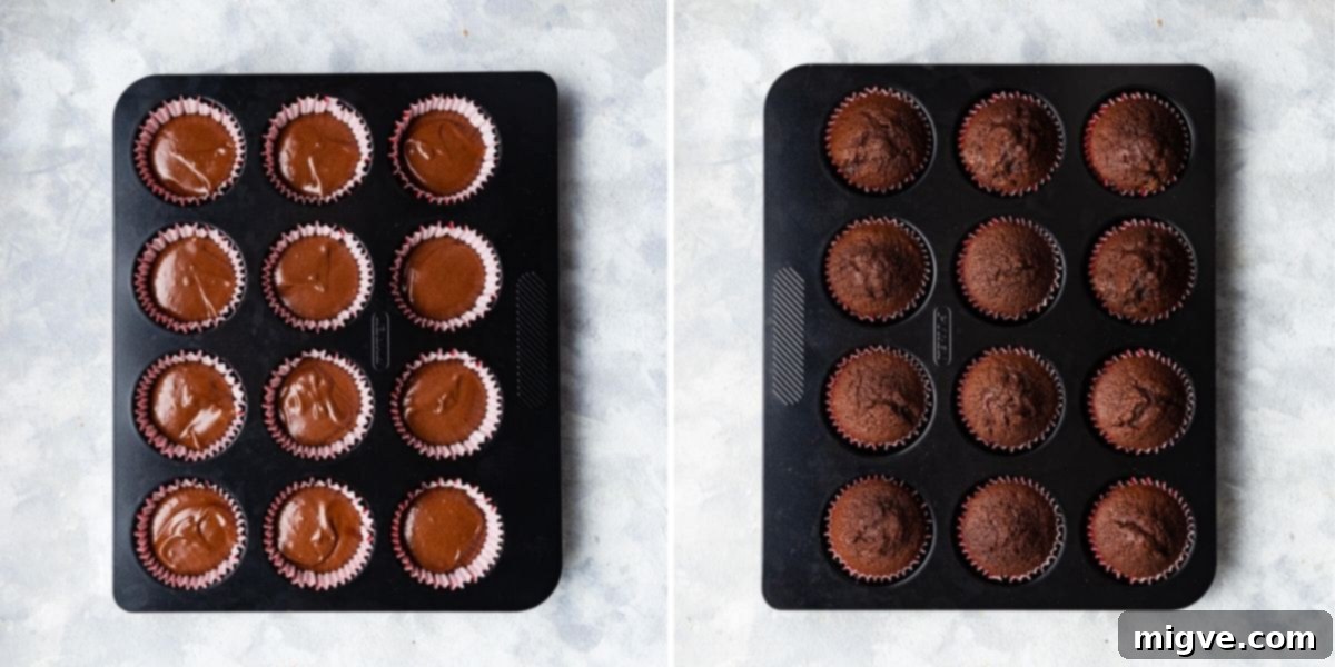 side by side top view of baking tin with cupcakes before and after baking