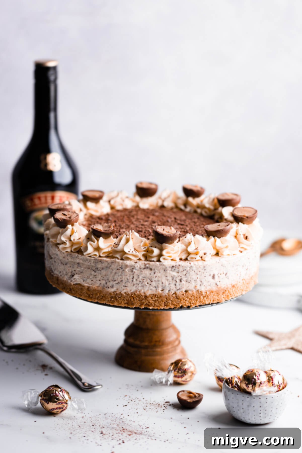 side view of the cheesecake on a cake stand