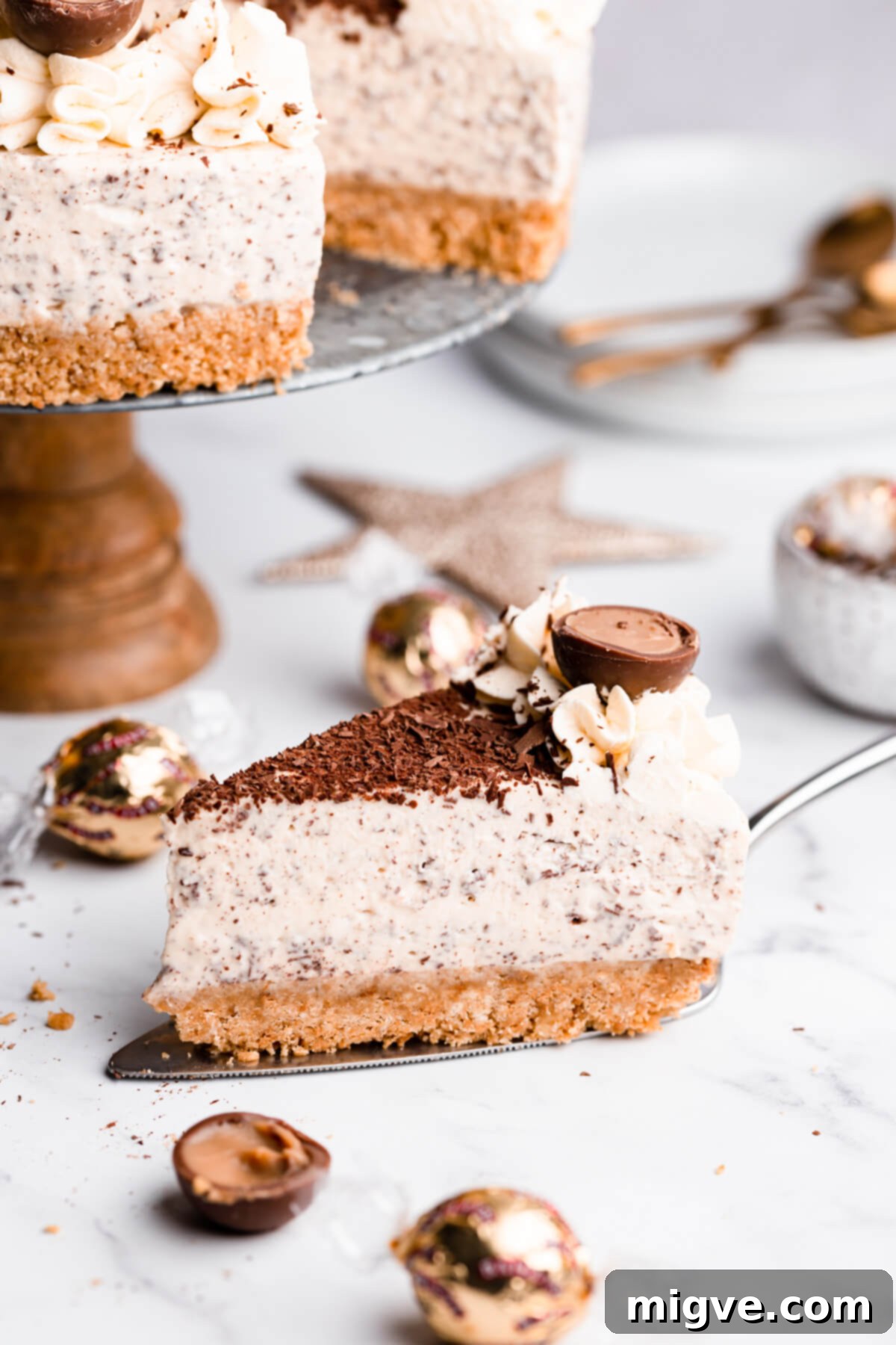 side super close up at an individual slice of the Baileys cheesecake