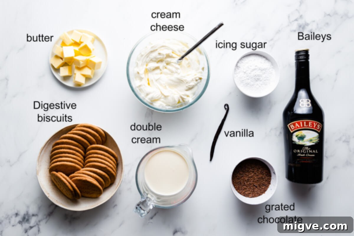 overhead view of the cheesecake ingredients with labels