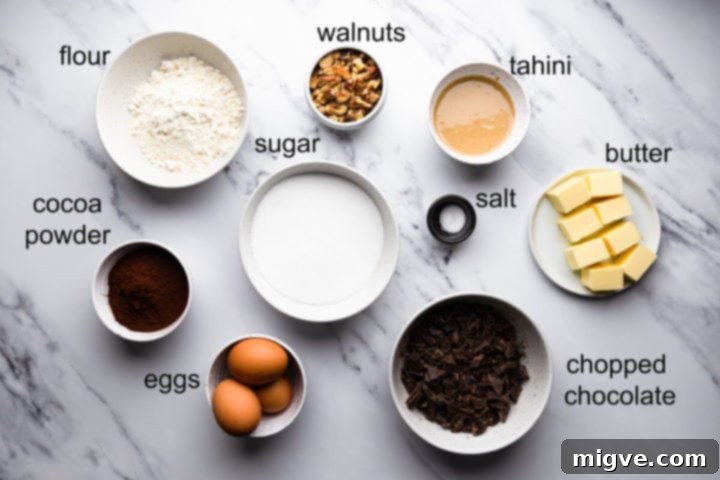 top view of the ingredients for tahini brownies with labels, including flour, sugar, cocoa, salt, chocolate, walnuts, butter, tahini, and eggs