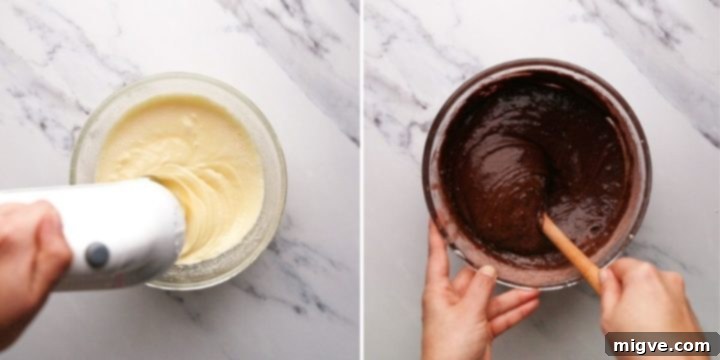 side by side overhead view of a bowl with egg mixture and brownie mixture being prepared