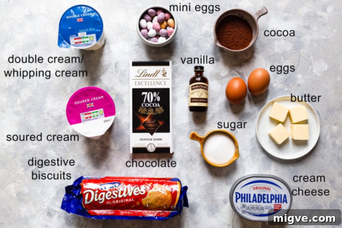 Overhead shot of all the ingredients laid out for making chocolate mini cheesecakes, with text labels identifying each item.