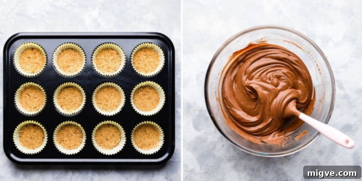 Process shots demonstrating how to make chocolate mini cheesecakes, showing mixing and combining ingredients.