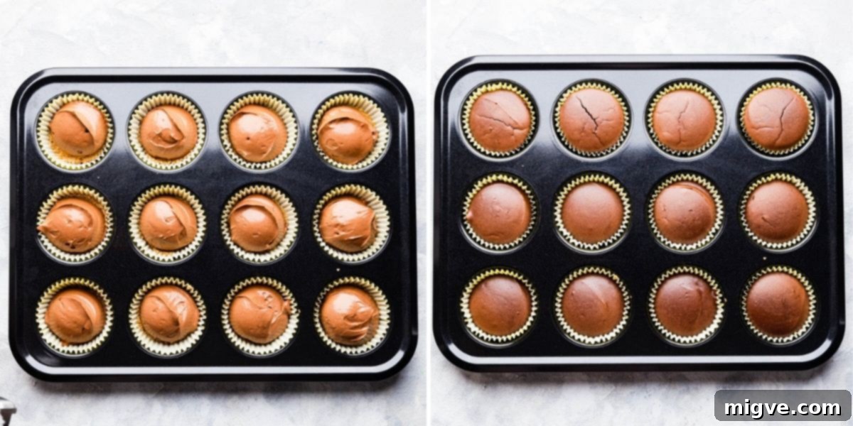 Second set of process shots showing baked chocolate mini cheesecakes cooling in a muffin tin and ready for chilling.