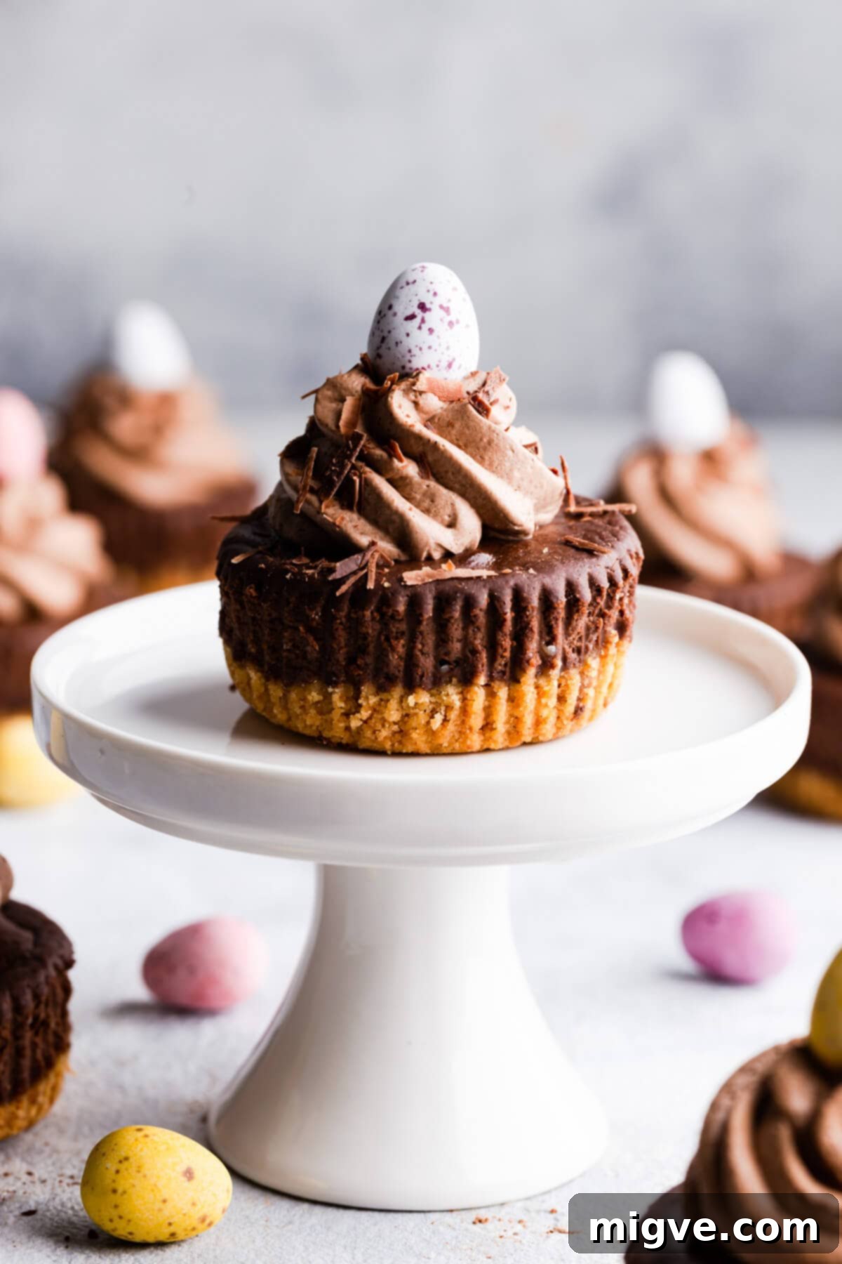 Side close-up view of a single chocolate mini cheesecake on a cake stand, elegantly presented.