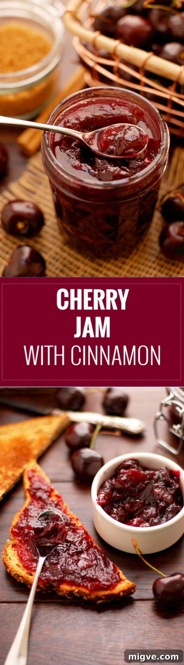 Delicious Cherry and Cinnamon Jam, a perfect vegan and vegetarian preserve, displayed beautifully for social sharing.