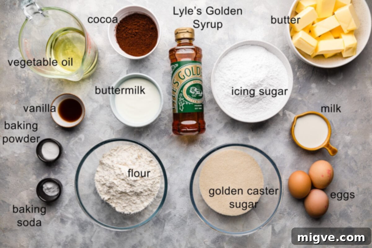 top view at the ingredients for one bowl chocolate cake with text labels