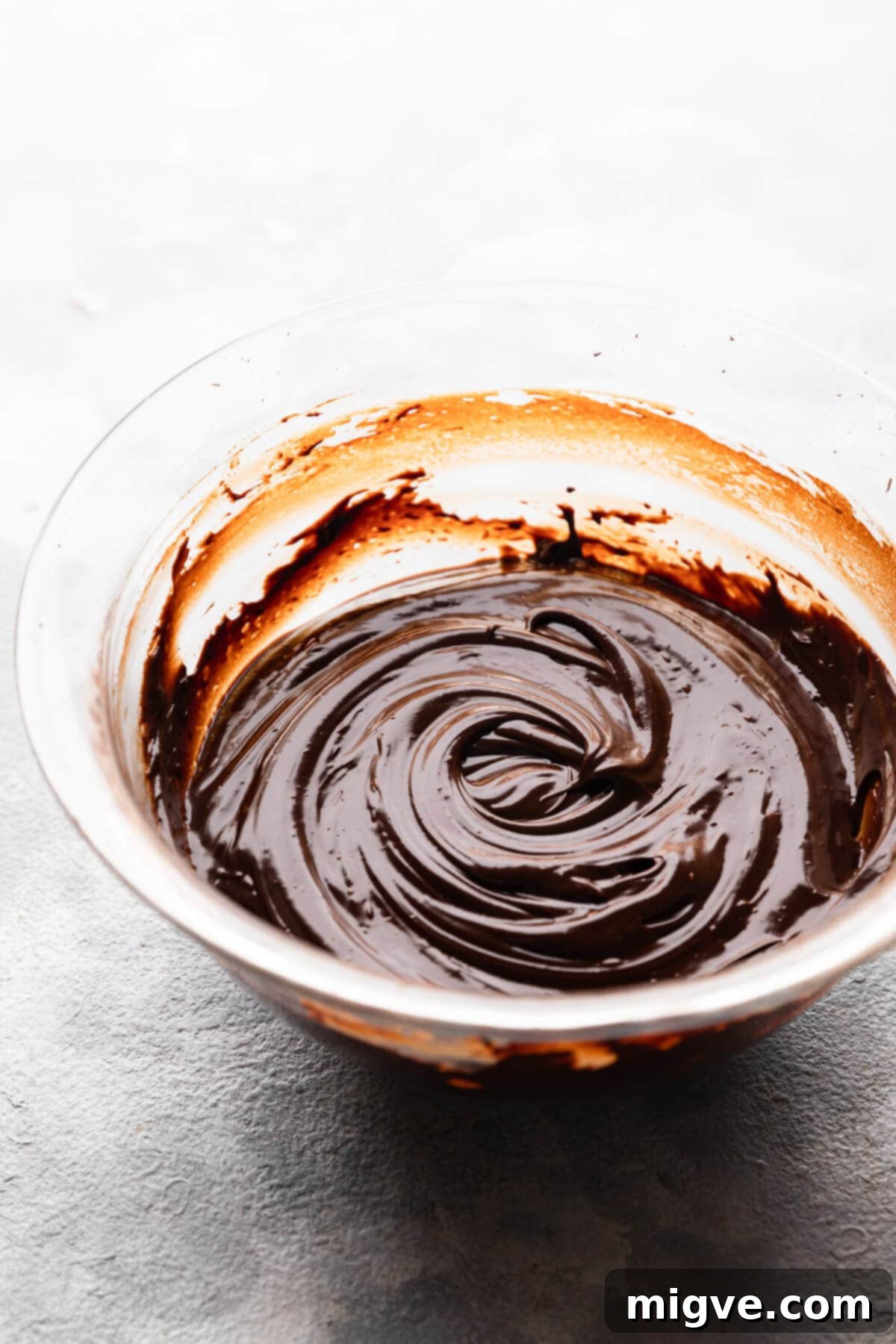 side close up at a bowl with chocolate ganache