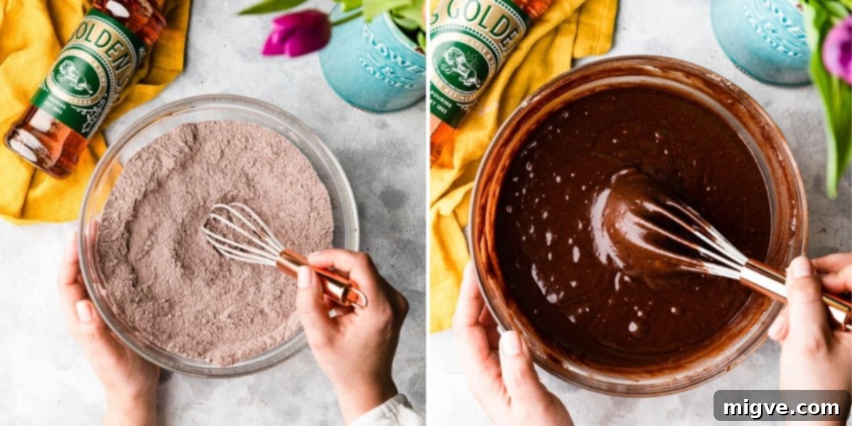 step 1 of making one bowl chocolate cake