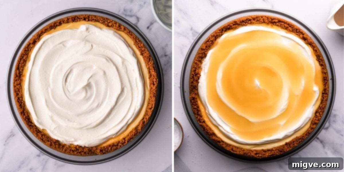 Velvet Honey Cheesecake 6 process photos of making honey cheesecake 2, showing the cheesecake baked and cooling, then topped with cream and honey drizzle