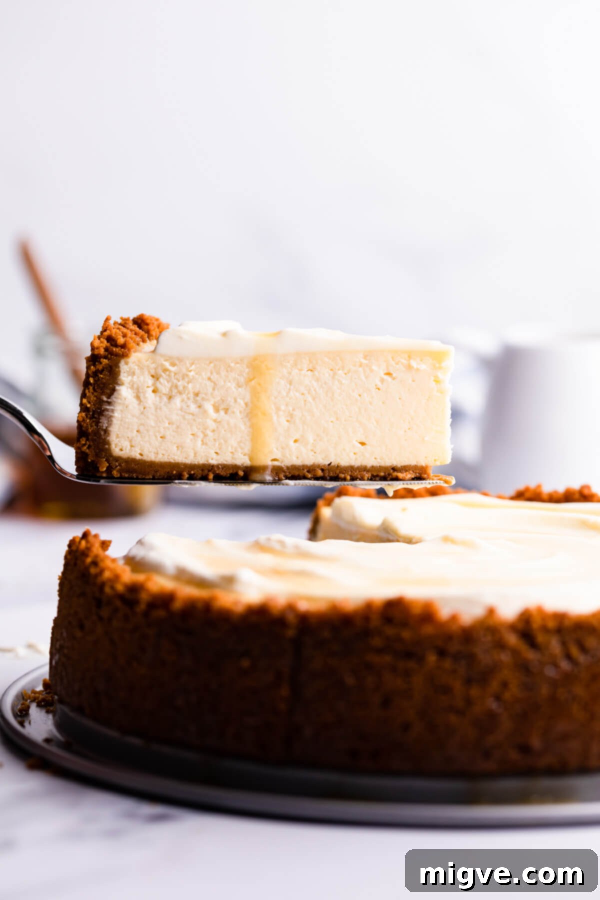 Velvet Honey Cheesecake 8 straight ahead close up at a slice of honey cheesecake, showing its distinct layers of crust, creamy filling, and two toppings