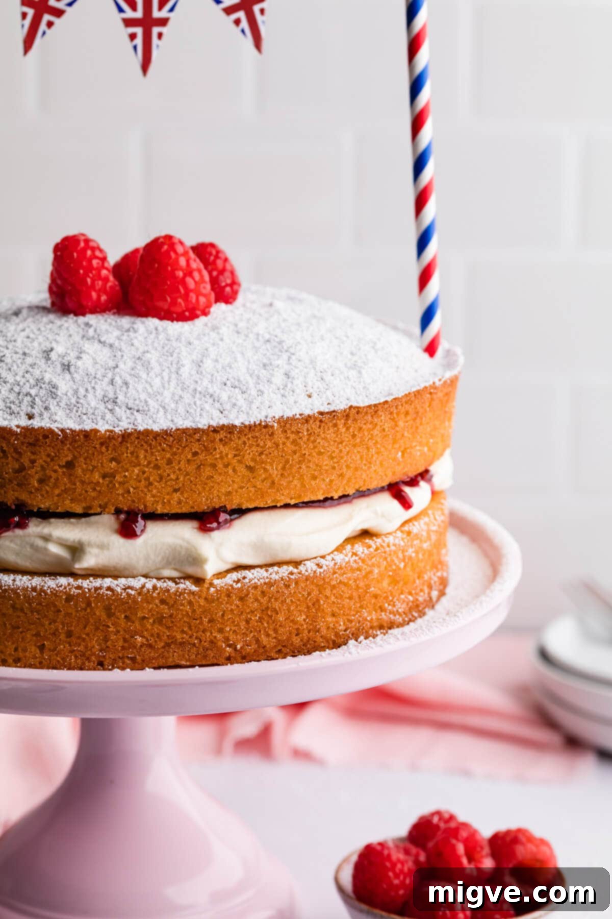 Classic Victoria Sponge 13 side super close up at a sponge cake on a cake stand