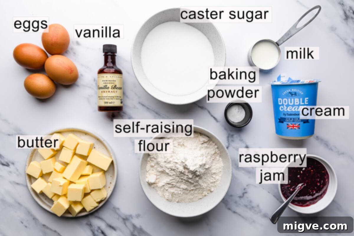 Classic Victoria Sponge 3 top view at ingredients for Victoria sponge cake with text labels