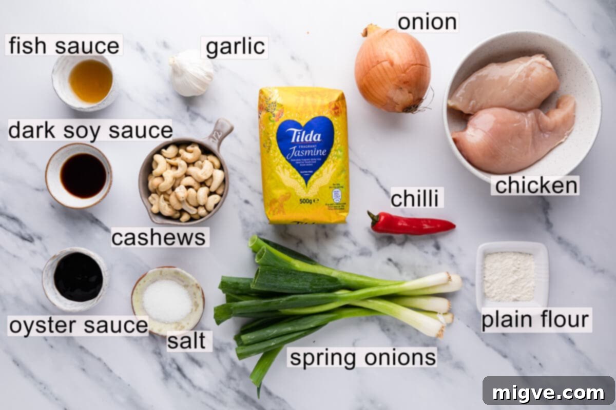 Crunchy Cashew Thai Chicken 3 top view of the ingredients for Thai cashew chicken with text labels