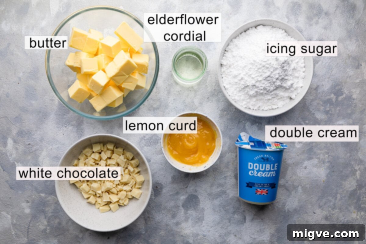 Top-down view of ingredients for the elderflower buttercream and white chocolate ganache, including unsalted butter, icing sugar, elderflower cordial, lemon curd, white chocolate, and double cream, with each component clearly labeled.