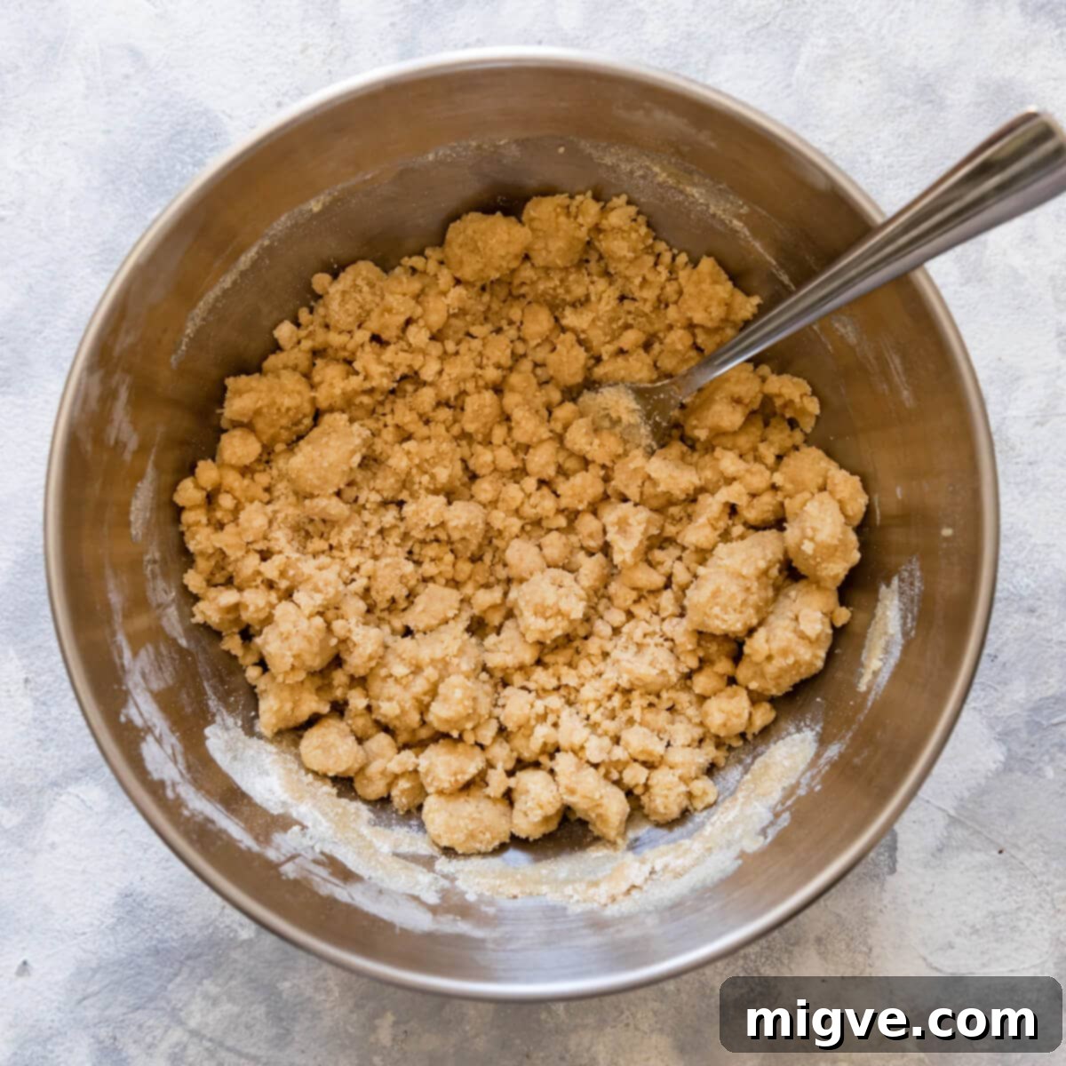 top down view of the crumble made with melted butter