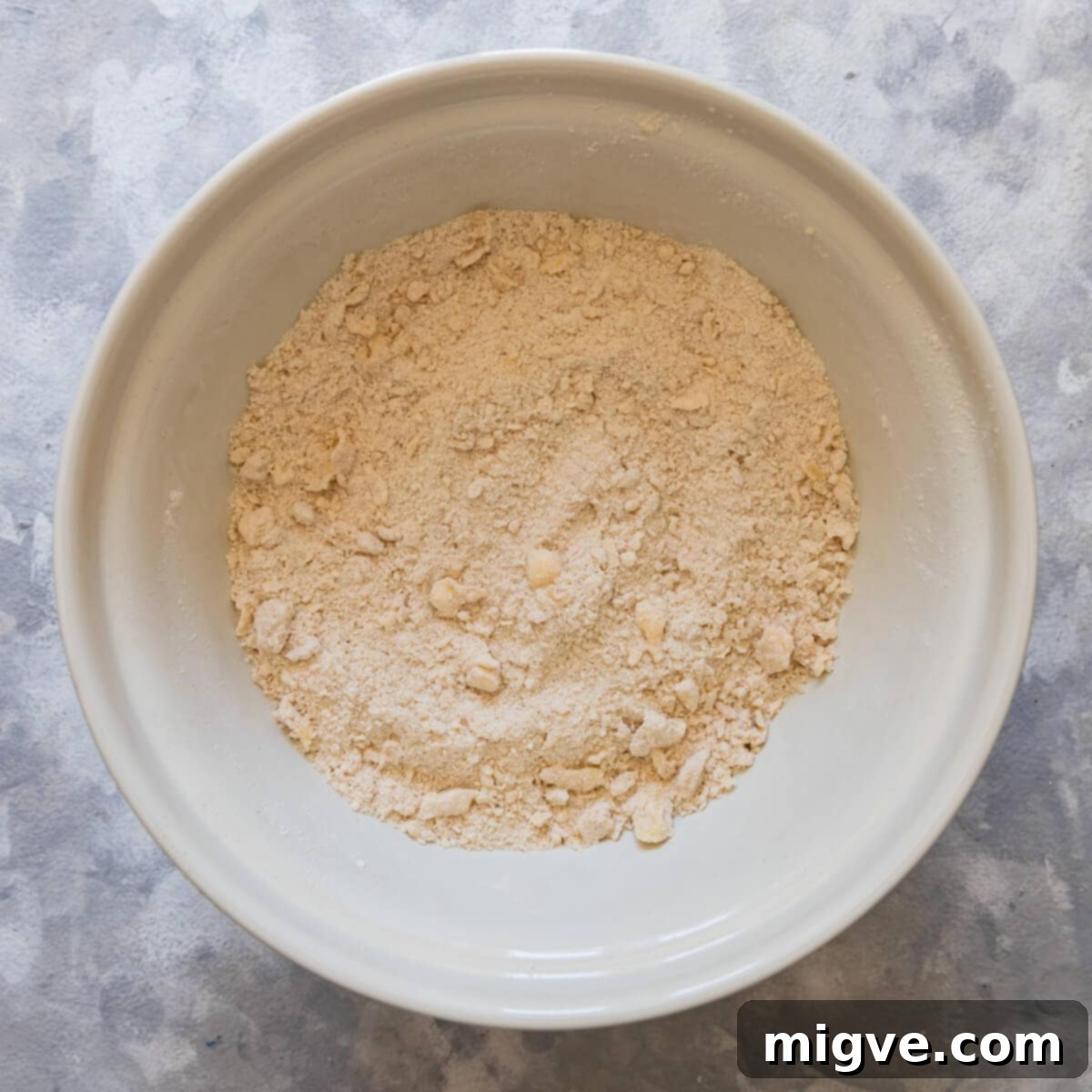 top down view of a crumble made with rubbing the butter into flour