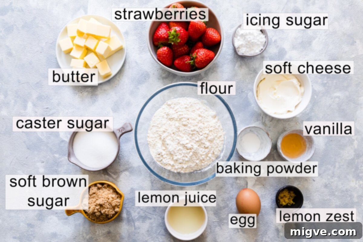 Shortcake Strawberry Cookies 3 Overhead view of all ingredients laid out for making strawberry shortcake cookies, with clear labels for each item.