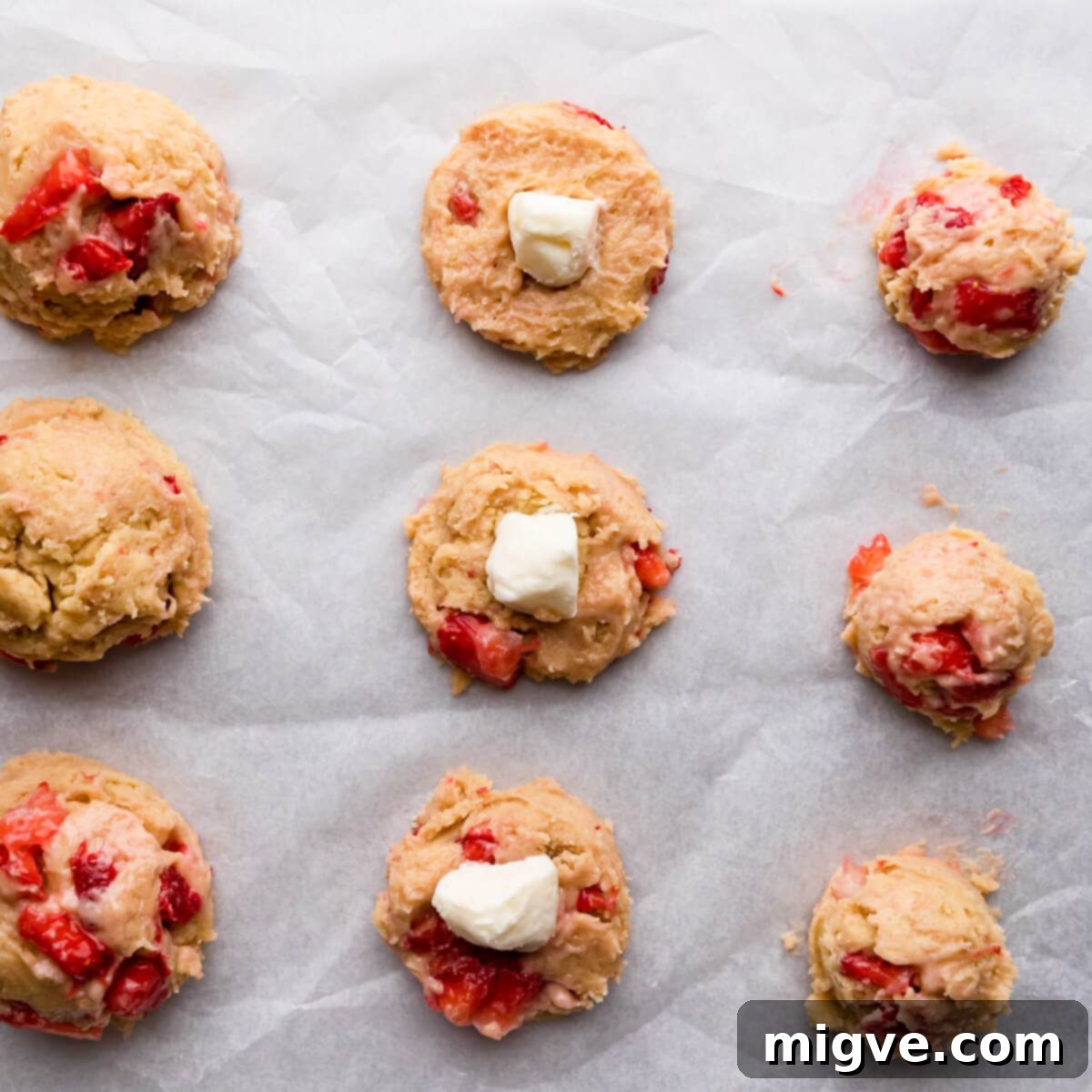 Shortcake Strawberry Cookies 8 Top view of flattened cookie dough discs, each topped with a frozen dollop of cream cheese filling.