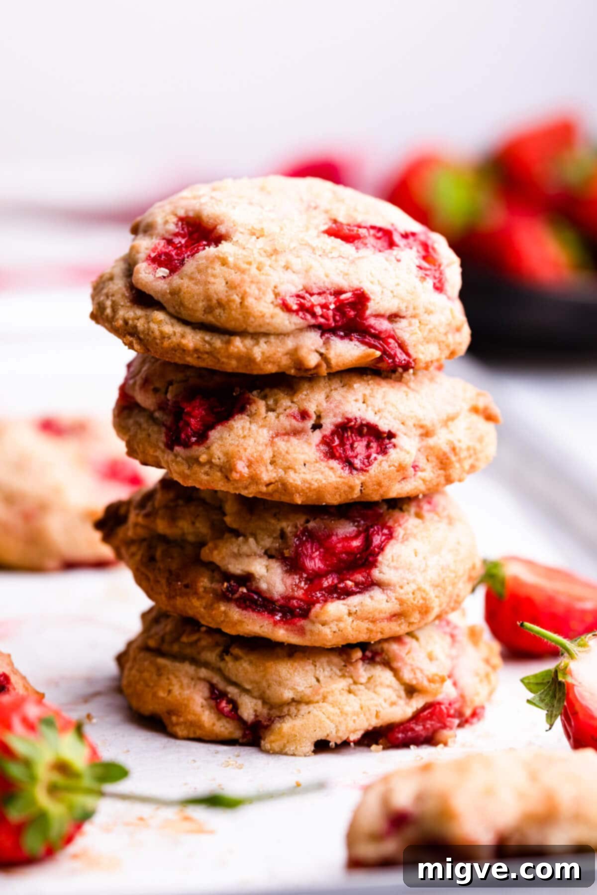 Shortcake Strawberry Cookies 10 Side super close-up shot of a stack of freshly baked strawberry shortcake cookies, showing their appealing texture and height.