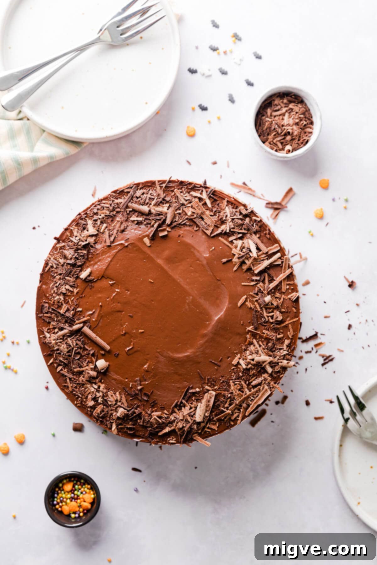 Sinfully Decadent Cheesecake 8 chocolate cheesecake topped with chocolate shavings on a white surface.