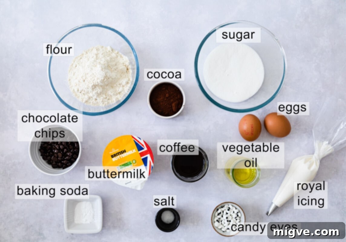 Bandaged Boo Cupcakes 3 Various ingredients laid out for making Halloween mummy cupcakes, clearly labeled for easy identification, including flour, sugar, cocoa, buttermilk, eggs, and chocolate chips.