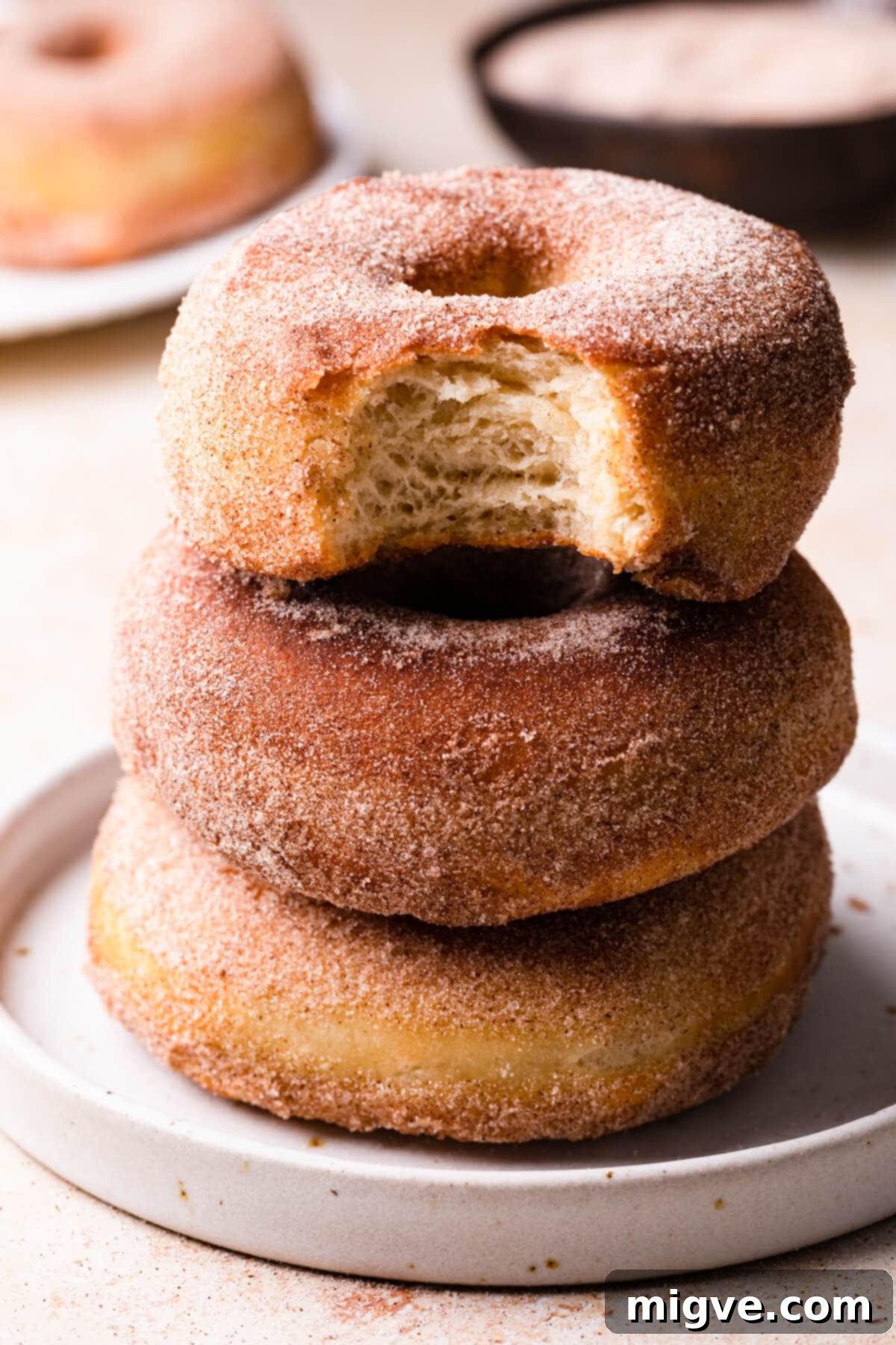 A stack of three golden-brown air fryer doughnuts, generously coated in cinnamon sugar, resting on a small white plate.