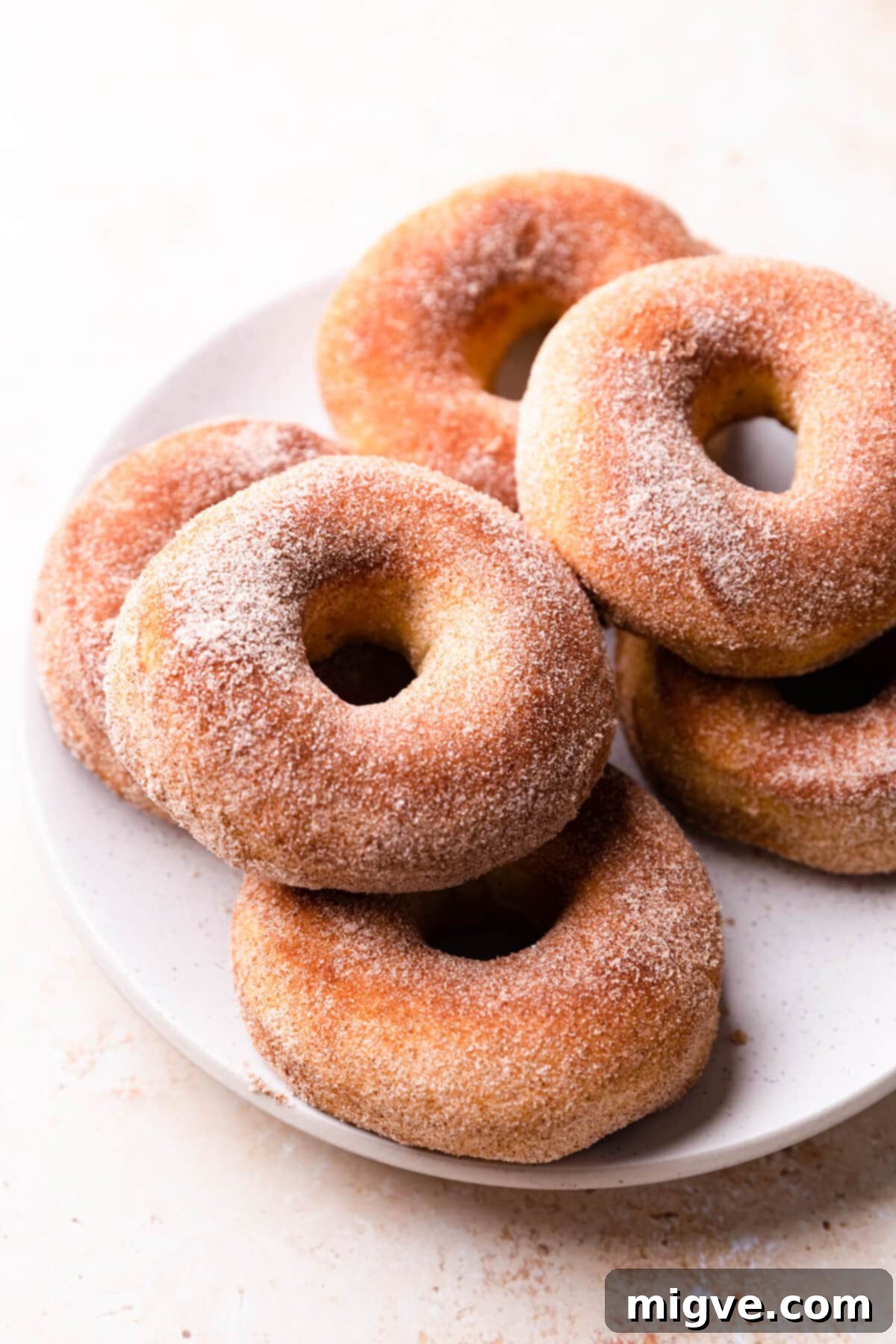 Six air-fried doughnuts generously coated in cinnamon sugar, artfully arranged on a large white plate.
