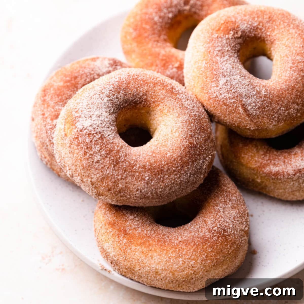 Freshly air-fried doughnuts, brushed with melted butter and generously coated in a shimmering cinnamon sugar mixture.