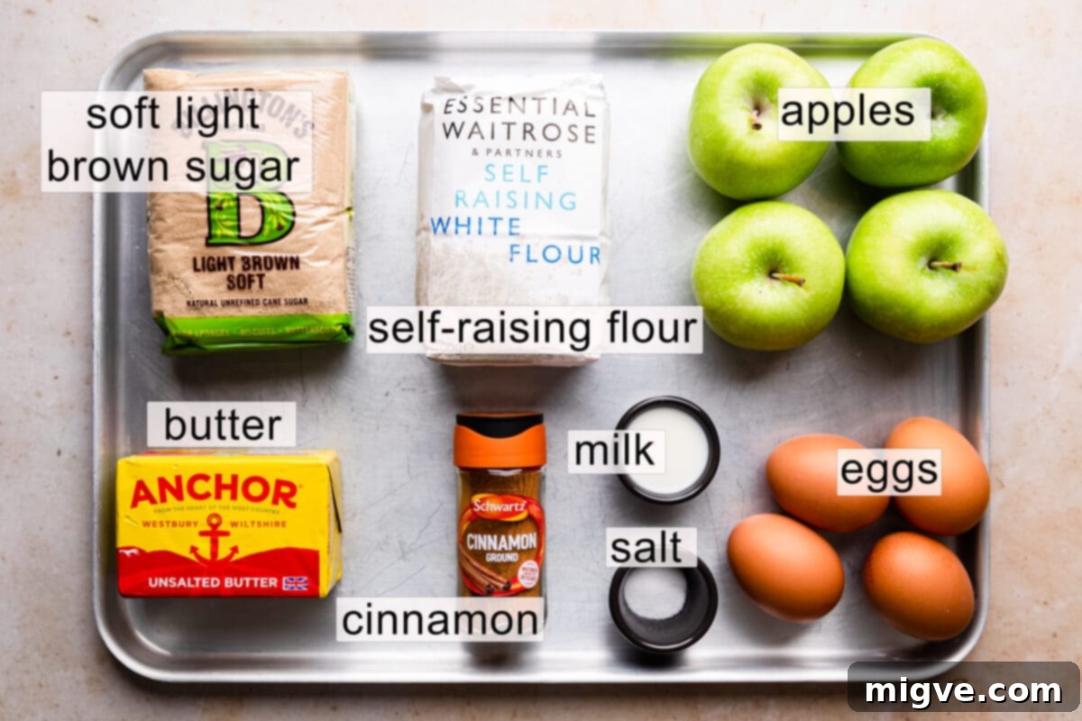 an ingredients to make the sponge for an apple crumble cake with text labels.