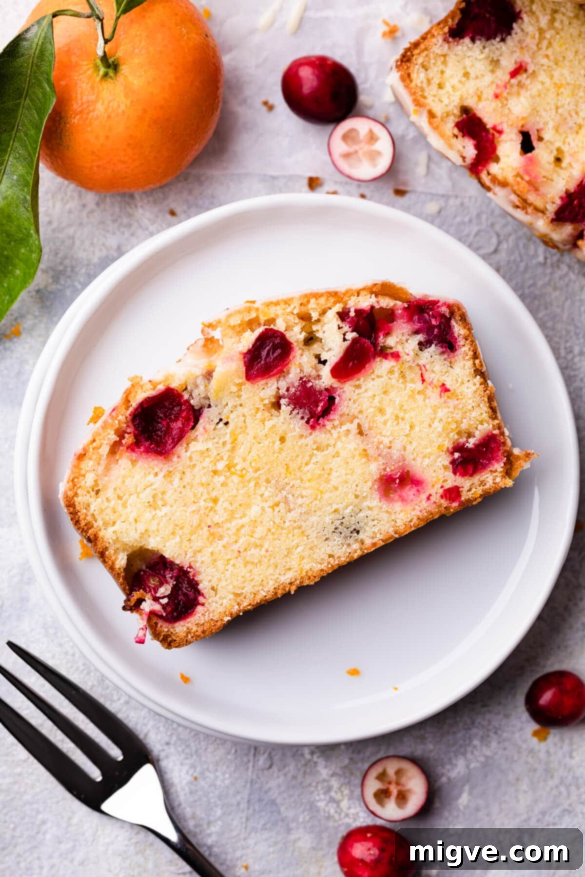 a single slice of the cranberry orange loaf on a white plate.
