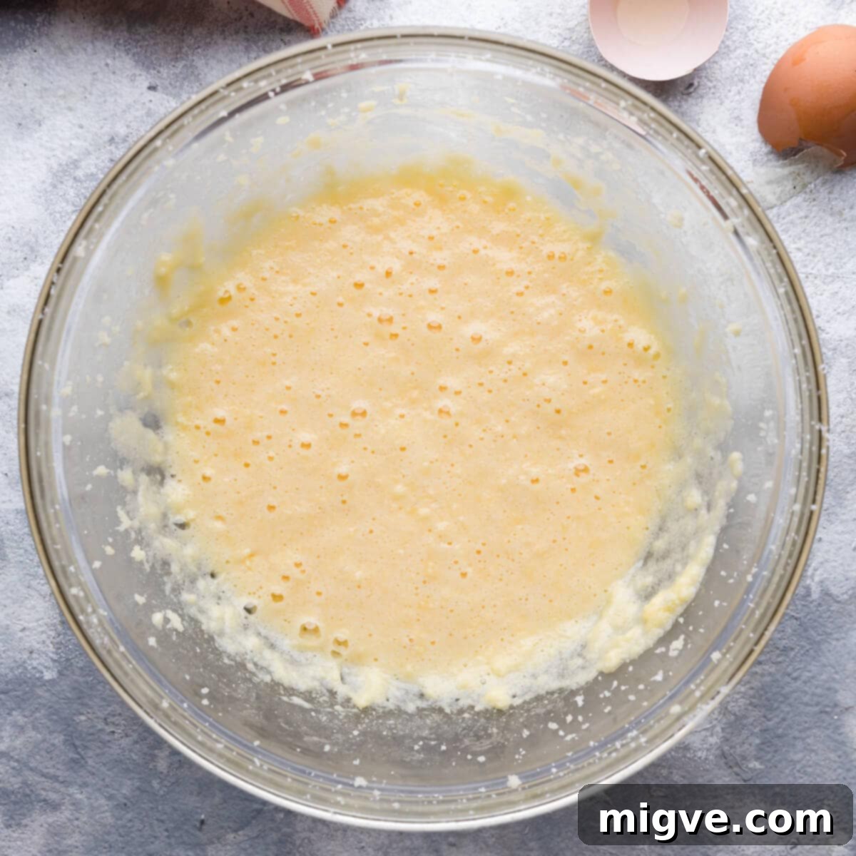 bowl with creamed butter, sugar and eggs.