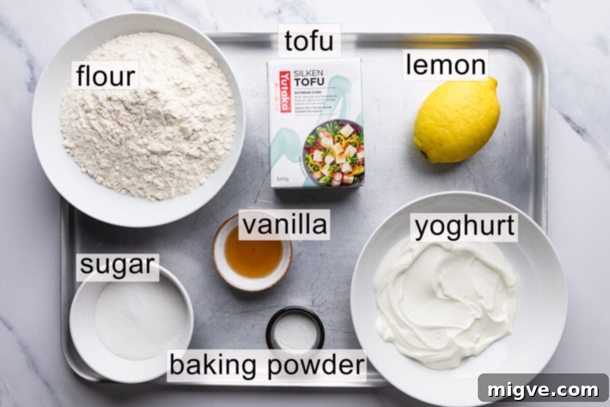 ingredients for tofu doughnuts with text labels.